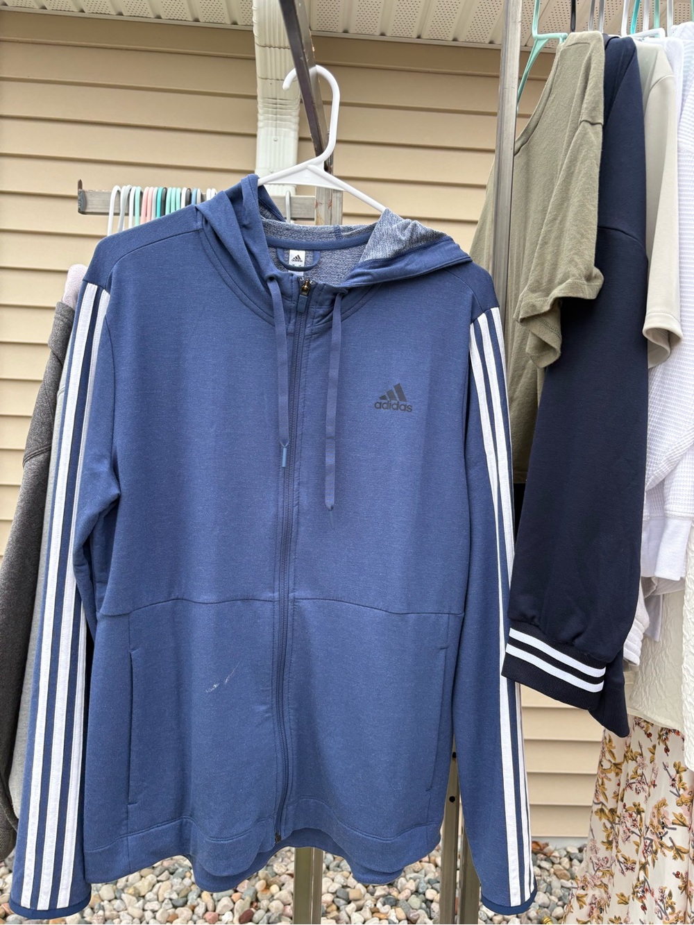 adidas Navy Blue Hooded Zip-Up Jacket with White Stripe Detail